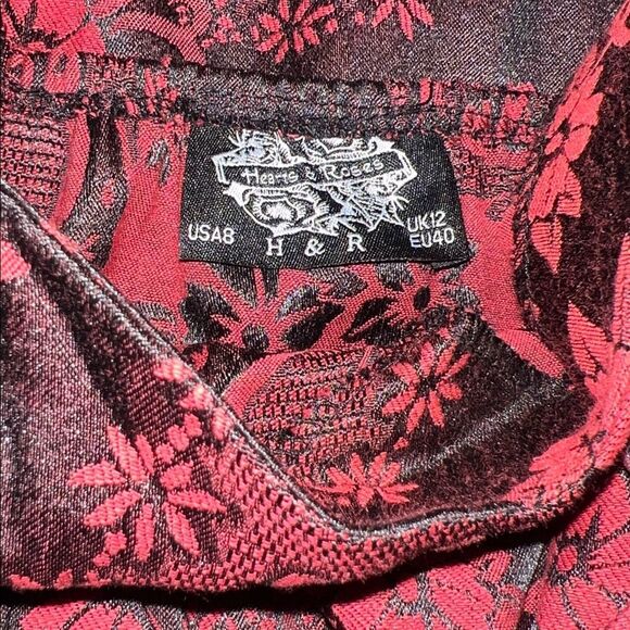 🍒 HEARTS & ROSES Red Black Brocade Sleeveless Lace Up Corset Full Dress Small - Picture 7 of 10